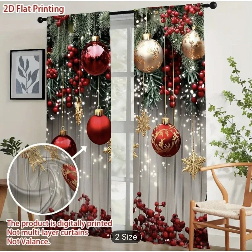 Christmas Ball Holiday Printed Curtains 2 Pieces Xmas Print Curtains Room Decor